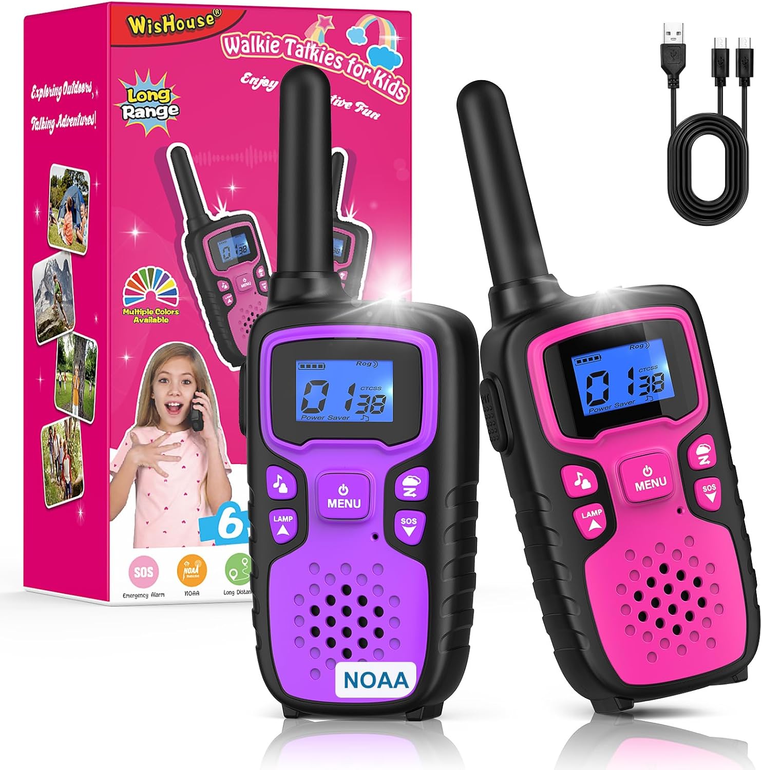WisHouse kids rechargeable walkie talkies front view showing pink and purple color options