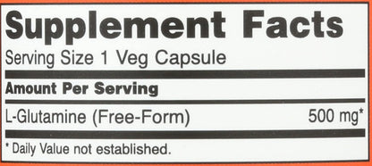Close-up of the supplement facts panel on the back of NOW Foods L-Glutamine 120 count bottle detailing amino acid ingredients.