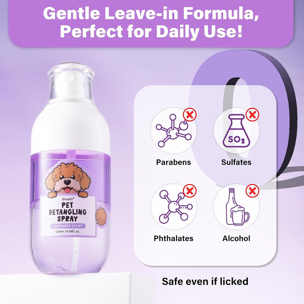 Oivolii dematting spray showing coconut oil and jojoba oil benefits for pet fur
