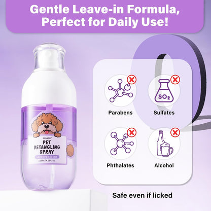 Oivolii dematting spray showing coconut oil and jojoba oil benefits for pet fur