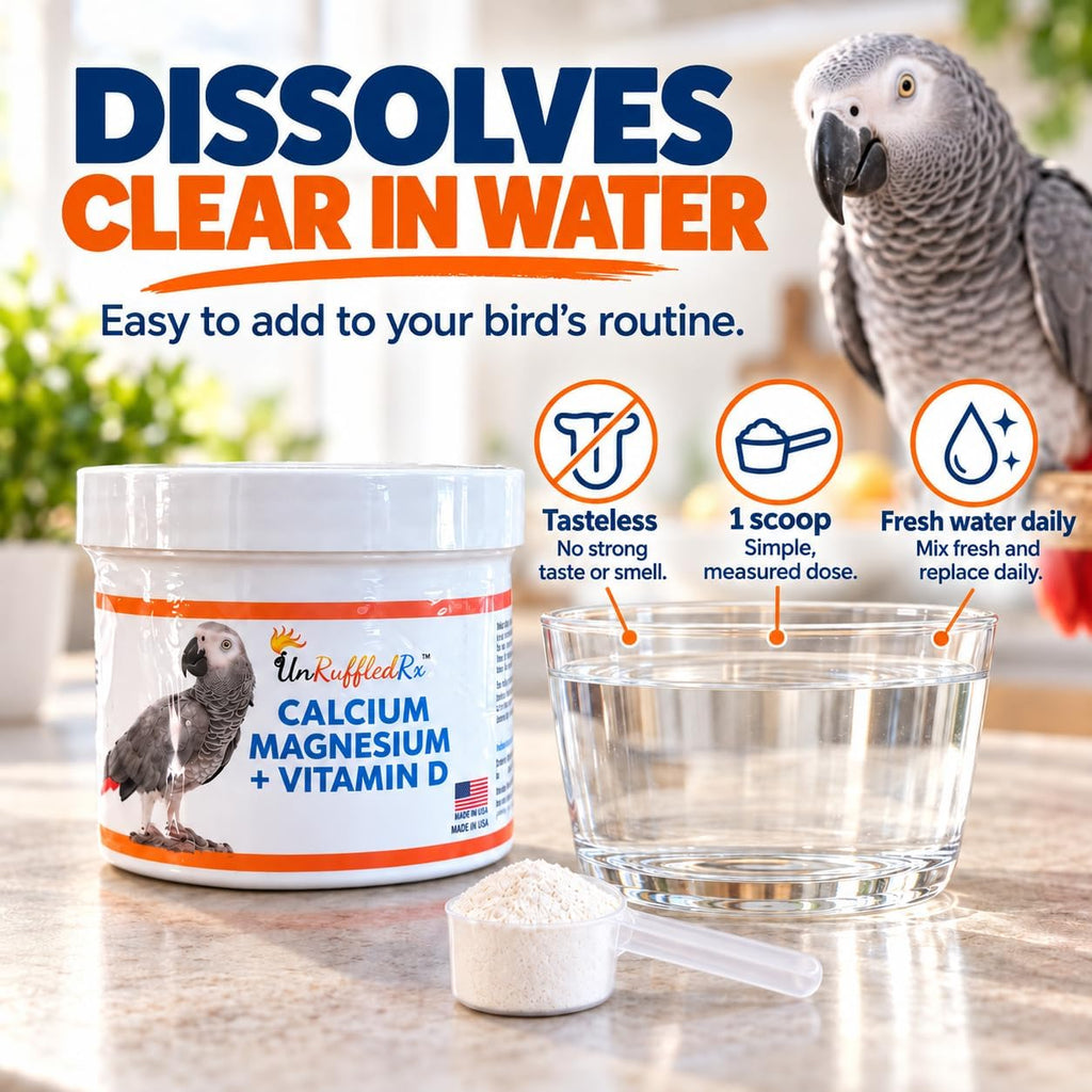 UnRuffledRx(TM) Bird Calcium Plus with Magnesium and D3, Dissolves Clear and Tasteless in Water, Supports Bone, Muscle, Feather and Egg Health, 45 Servings, Made in FDA-Registered USA Facility - Image 5