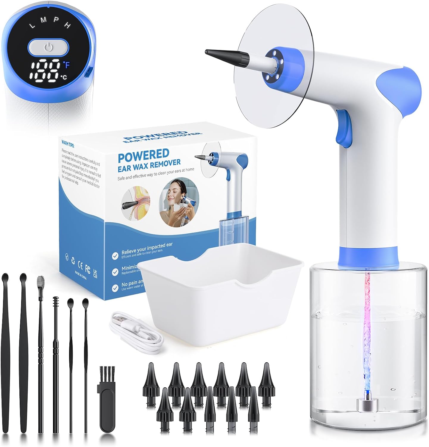 Lebbtl electric ear wax removal kit front view showing the white handheld cleaning gun and water reservoir.