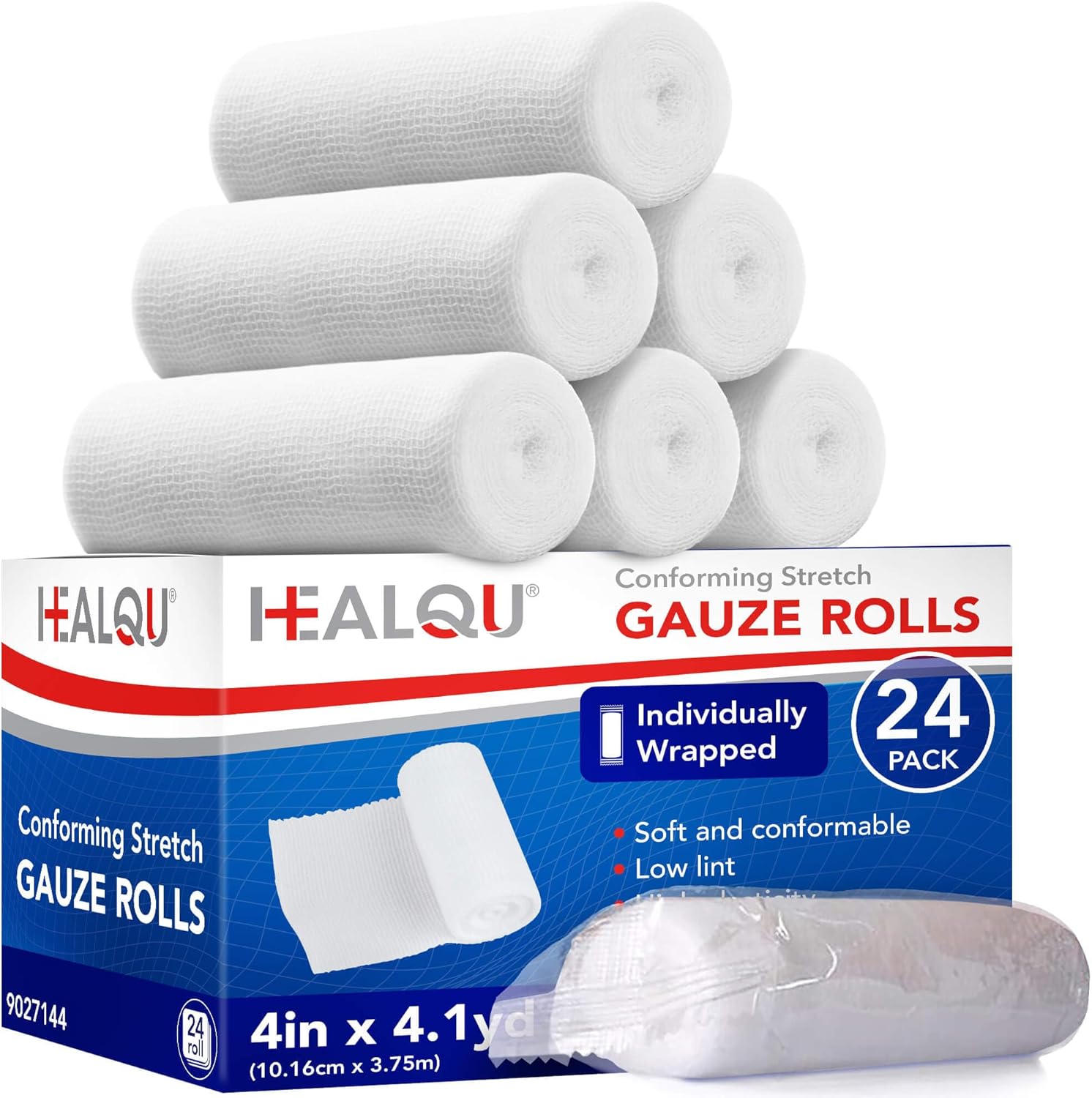 Healqu Premium Gauze Rolls front view of the 24 count box showing individually wrapped medical stretch bandages.