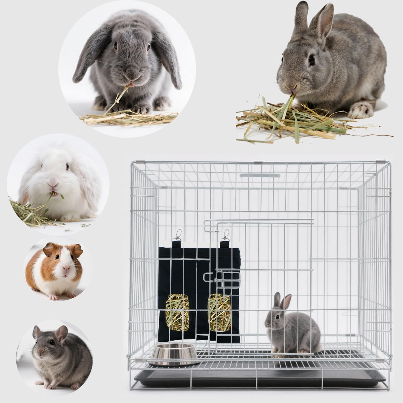 Rabbit Hay Feeder Bag Hanging Guinea Pig Hay Feeder with 2 Holes for Chinchilla Hamster Bunny Small Animal Pet Storage Pouch Black - Image 5