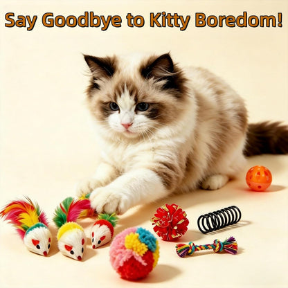 Assorted colorful jingle bell balls and furry pom pom toys scattered on the floor.