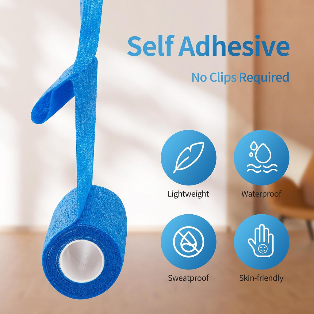 Twelve rolls of Phytop blue cohesive medical bandage