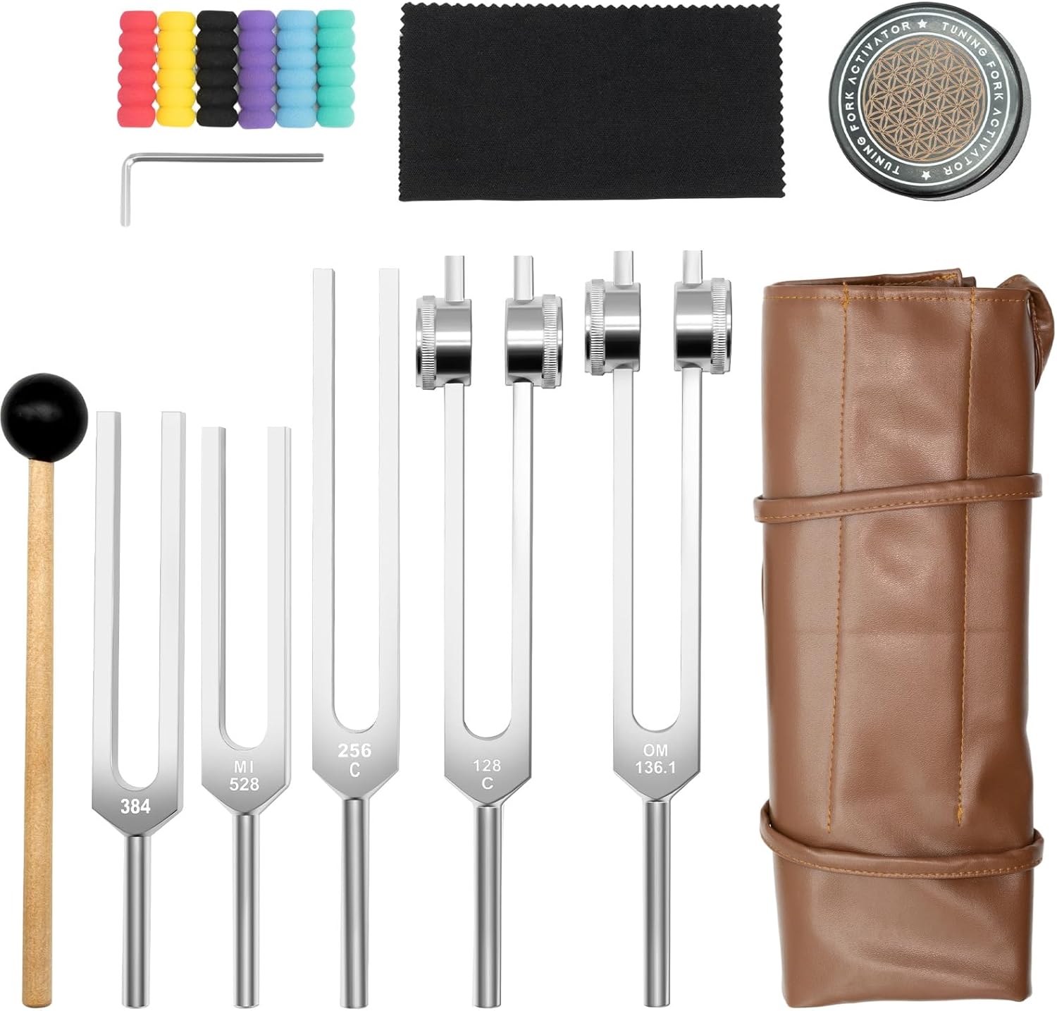 Funnydin tuning forks for healing set front view showcasing five metallic frequencies on a display table.