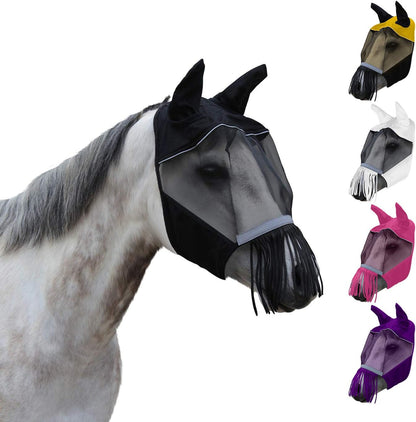 Derby Originals Patriotic Reflective Safety Horse Fly Mask with Ears and Nose Cover Fringes,Full Horse (Large) - Image 9