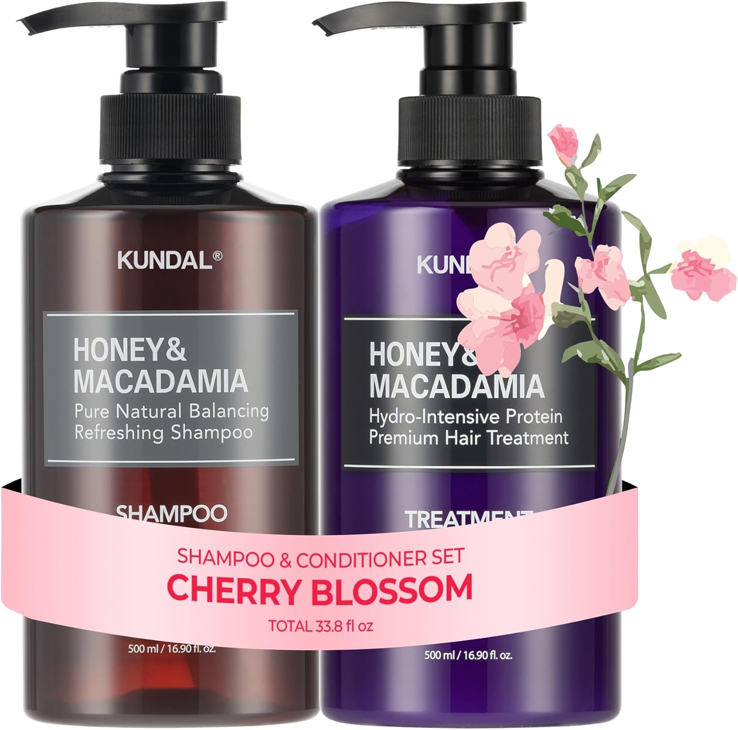 KUNDAL Korean Shampoo and Conditioner Set Cherry Blossom front view on a white background