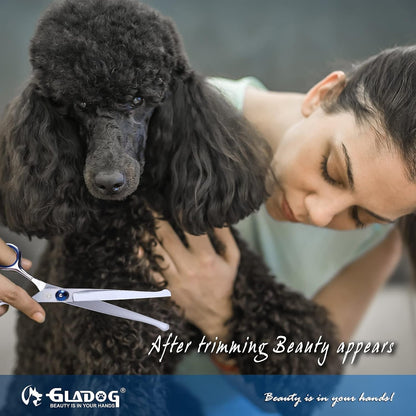 GLADOG dual-sided metal pet grooming comb removing tangles and loose fur from a dog coat