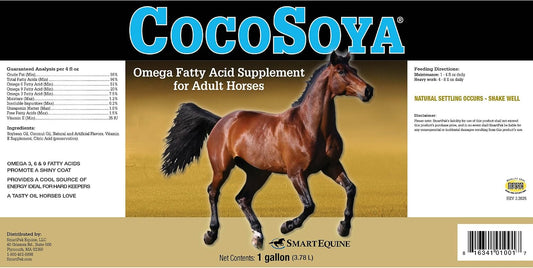 SmartEquine CocoSoya Oil horse supplement bottle highlighting ingredients blend
