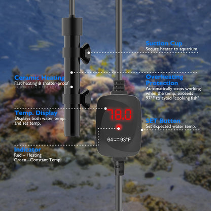 VCRAZE aquarium heater showing LED temperature readout