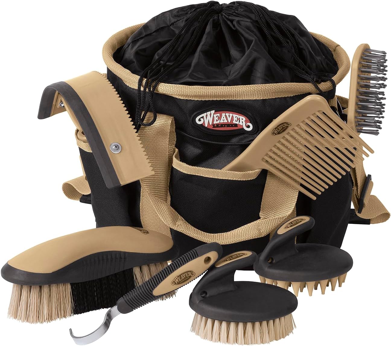 Weaver Equine 7-Piece Horse Grooming Kit in black and beige with tote bag