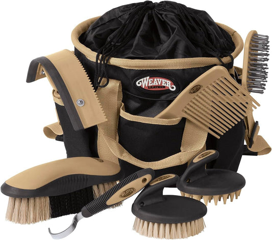 Weaver Equine 7-Piece Horse Grooming Kit in black and beige with tote bag