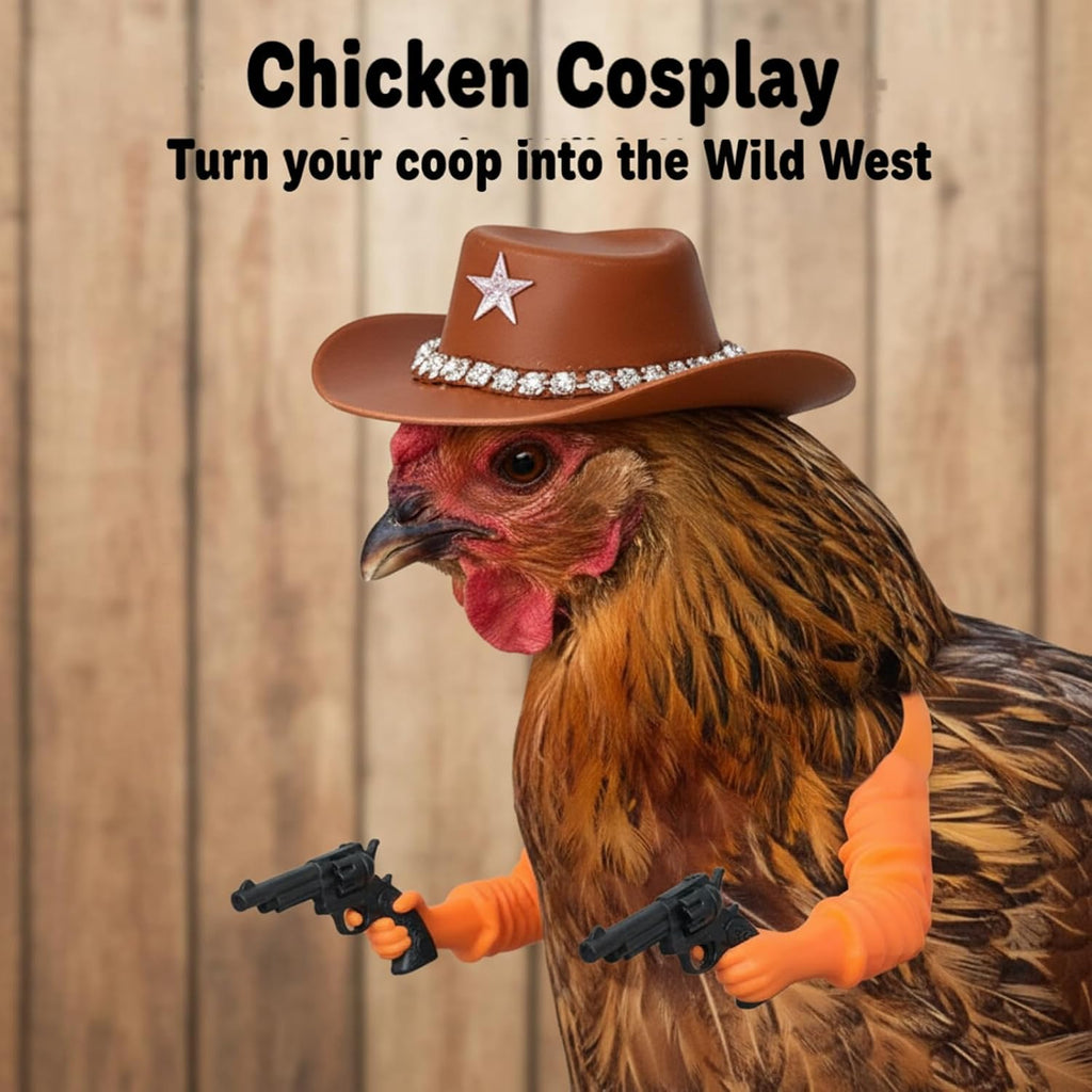 Side profile of a hen wearing a miniature sparkling cowboy hat costume prop