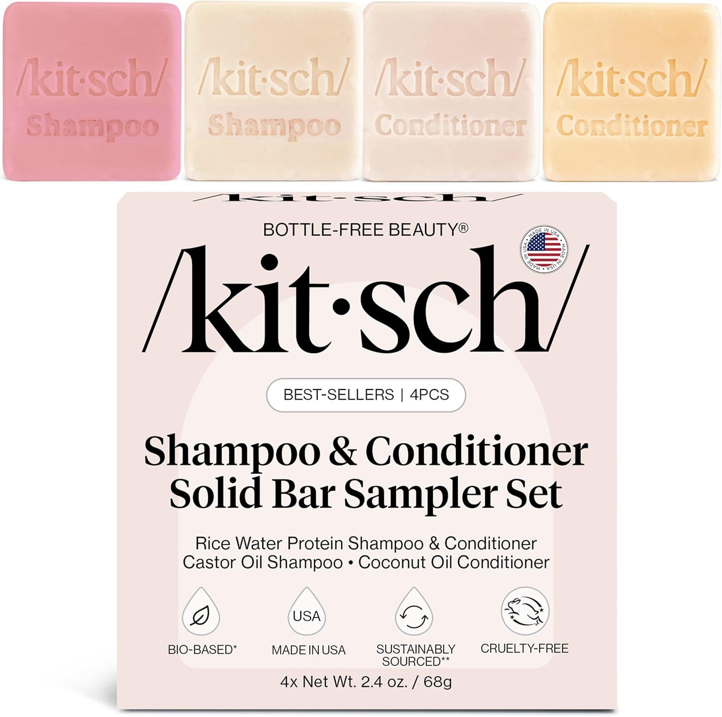Kitsch Shampoo and Conditioner 4pc Sampler Bars front view showcasing the eco-friendly packaging.
