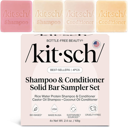 Kitsch Shampoo and Conditioner 4pc Sampler Bars front view showcasing the eco-friendly packaging.