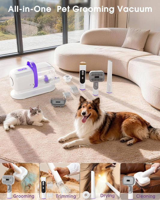 LOMMOL pet grooming kit main unit with attached purple flexible hose and grooming brush.