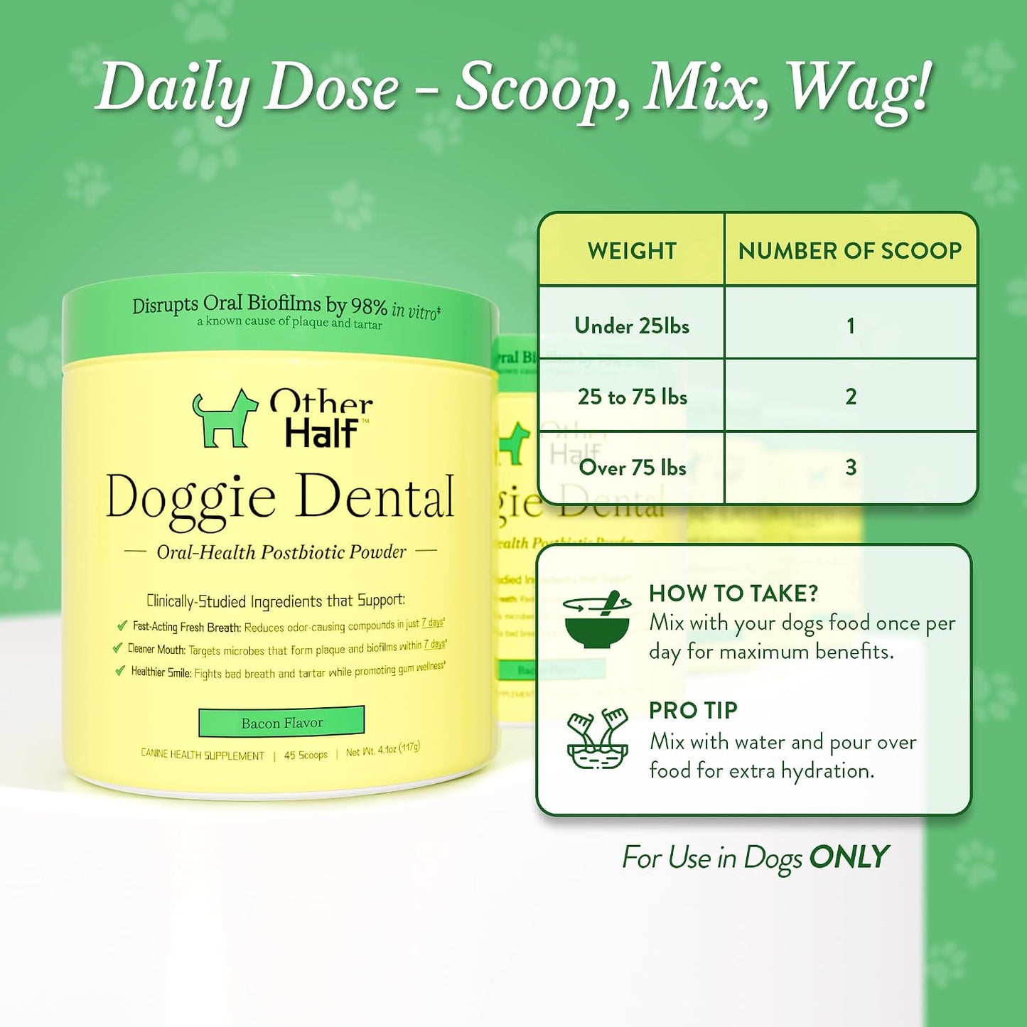 Infographic showing the 45 scoops capacity of OTHER HALF doggie dental supplement