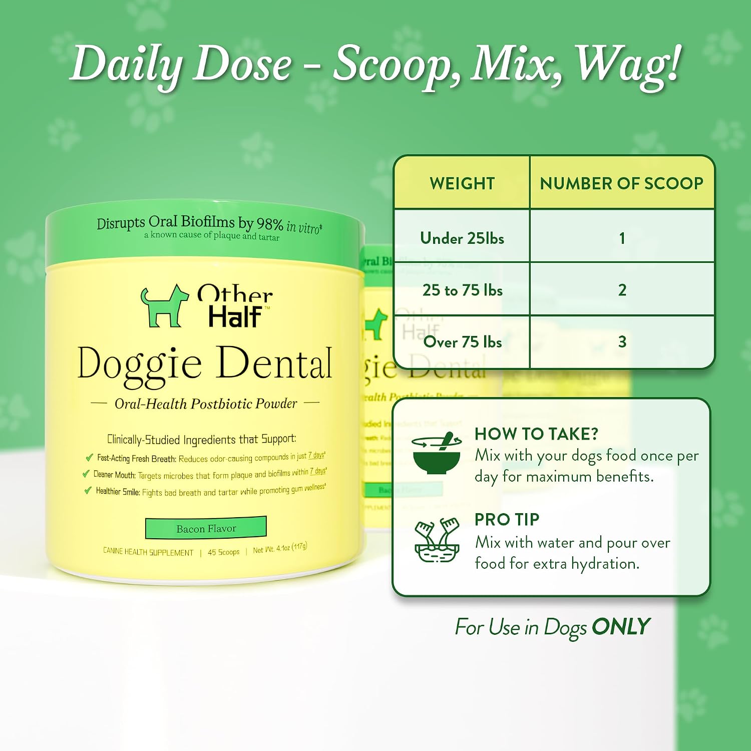 Infographic showing the 45 scoops capacity of OTHER HALF doggie dental supplement