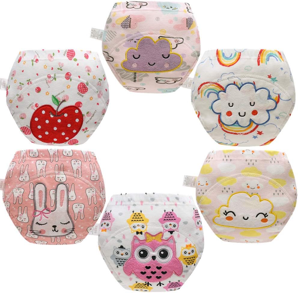 Skhls baby toddler thick absorbent potty training pants underwear front view showing cute colorful patterns for girls.