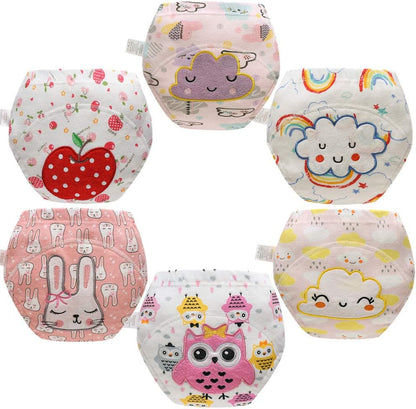 Skhls baby toddler thick absorbent potty training pants underwear front view showing cute colorful patterns for girls.