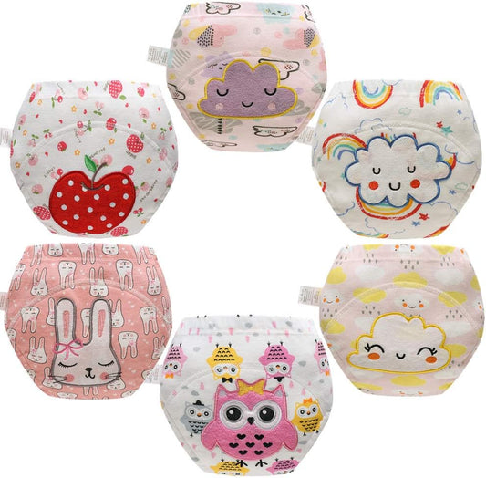 Skhls baby toddler thick absorbent potty training pants underwear front view showing cute colorful patterns for girls.
