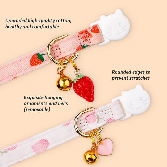 Handmade pink strawberry pattern cotton kitten collar with gold bell safety release buckle