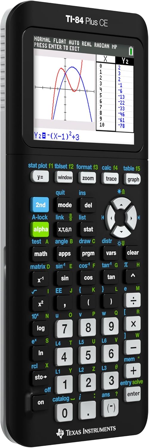 Texas Instruments color screen calculator displaying a split-screen view with an algebraic equation table alongside its graphical plot.