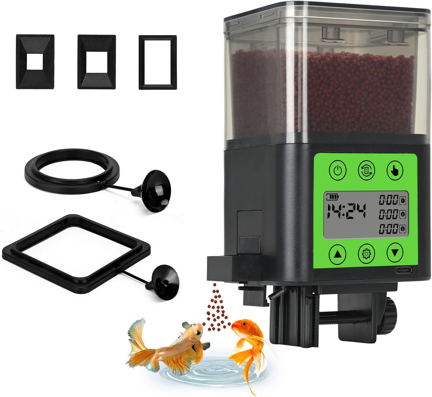 Lychee automatic fish feeder front view displaying the digital LCD programming screen.