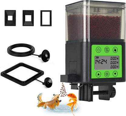 Lychee automatic fish feeder front view displaying the digital LCD programming screen.