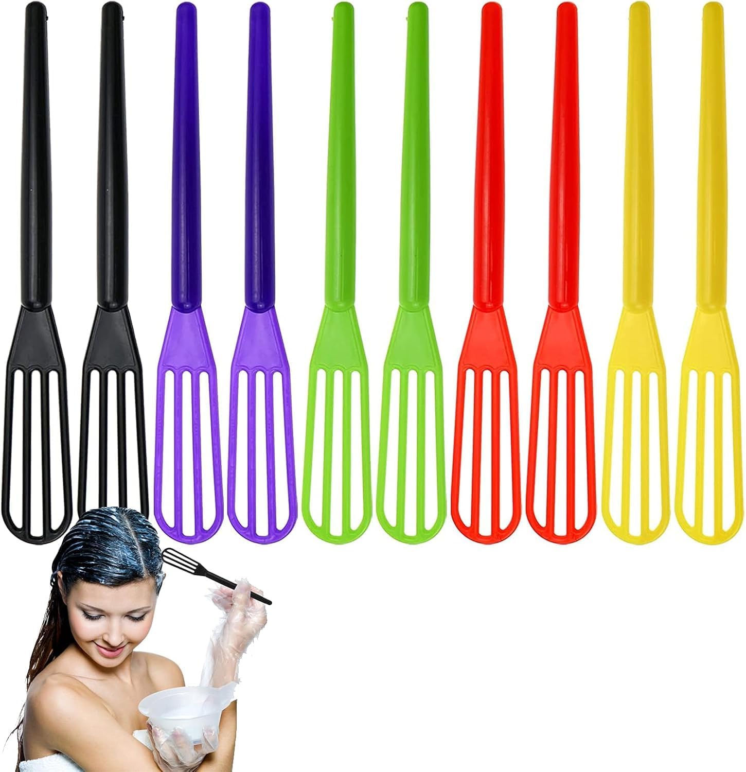 DIYstore plastic hair coloring mixer whisks front view showing ten pieces in assorted colors for salon mixing.