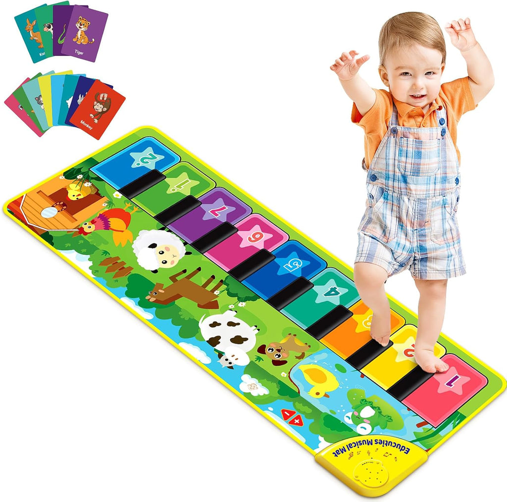 EduCuties baby musical floor piano playmat front view showing colorful keys and animal icons.