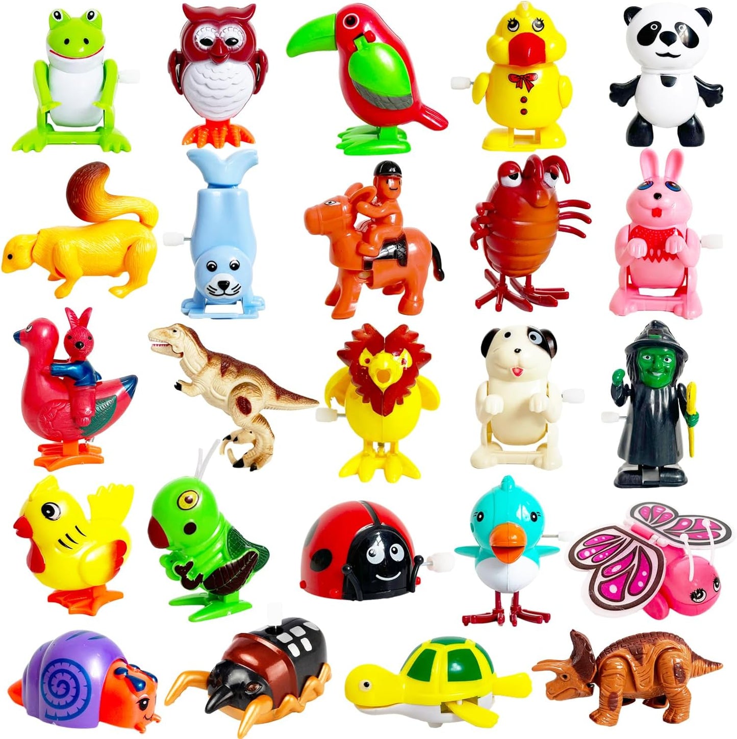 Baaxxango 24 Pieces Assorted Animal Wind Up Toys front view showcasing the complete bulk collection of colorful clockwork figures.