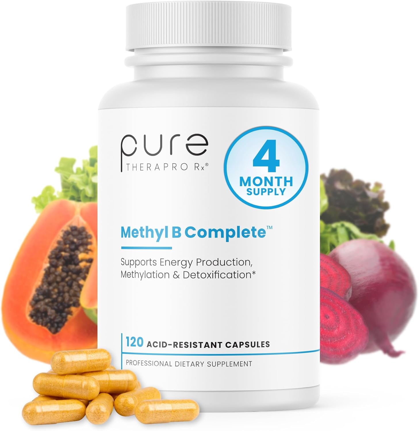 Pure Therapro Rx Methyl B Complete front view bottle of methylated vitamins