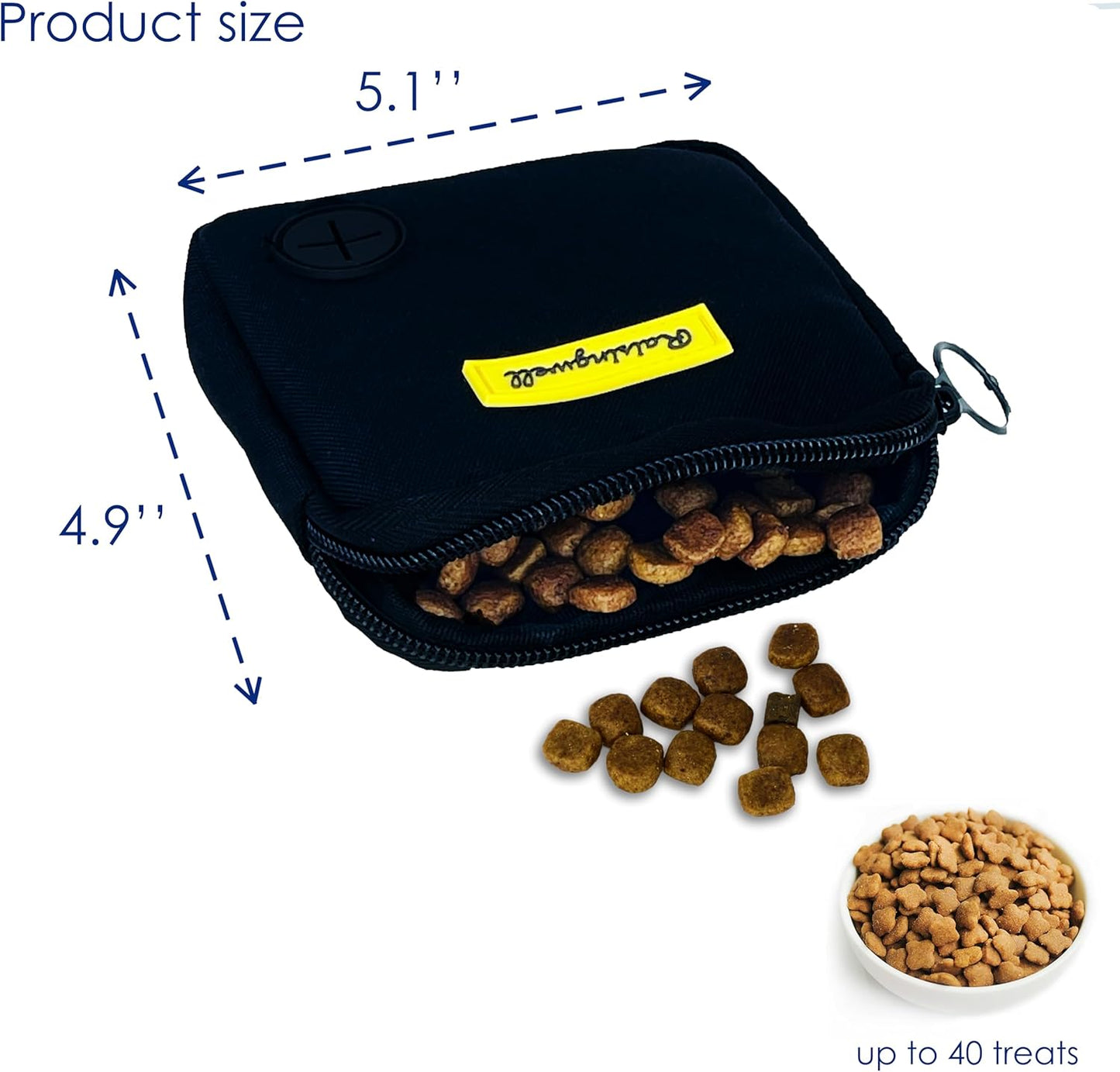 Compact black fabric pet walking pouch showing yellow brand tag and zipper closure