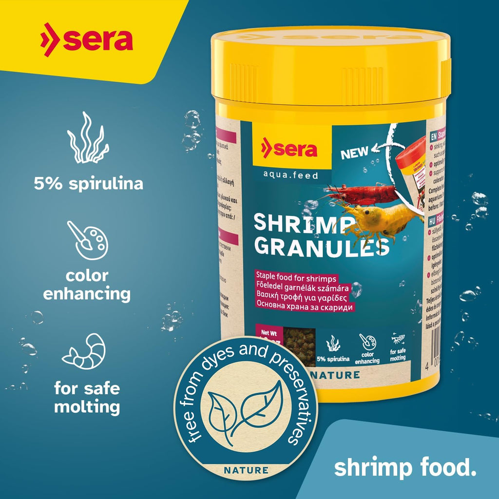 Sinking aquarium diet for freshwater shrimp showing granule texture.