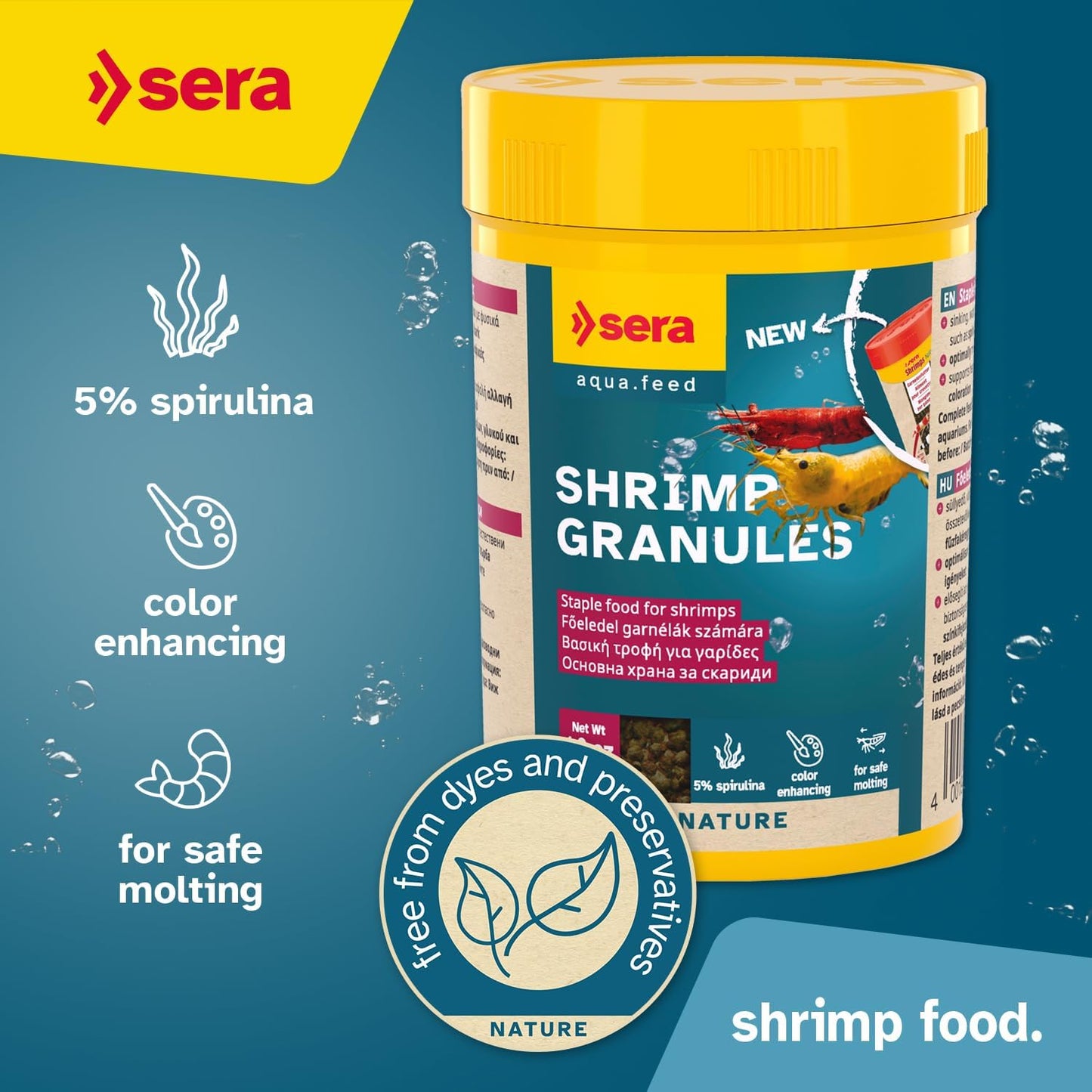 Sinking aquarium diet for freshwater shrimp showing granule texture.