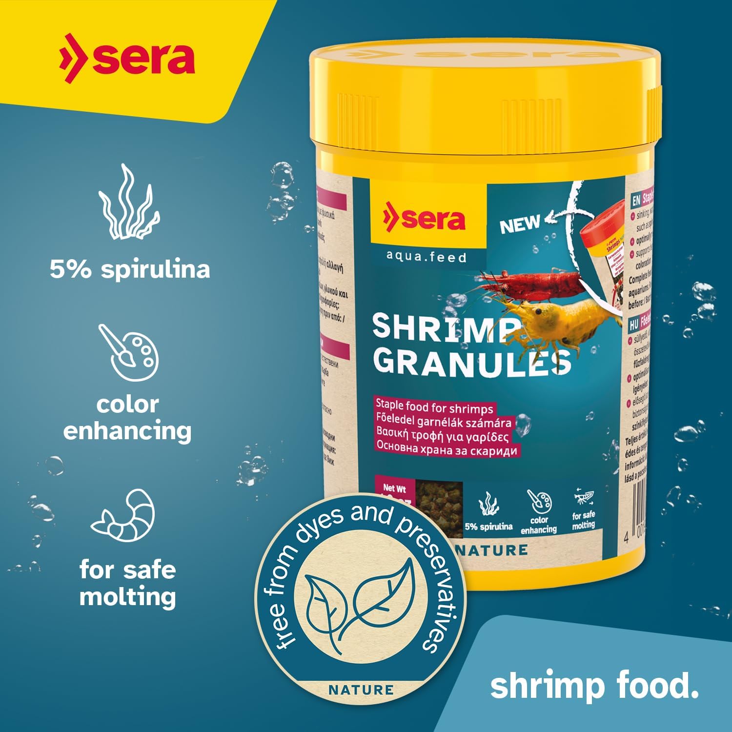 Sinking aquarium diet for freshwater shrimp showing granule texture.