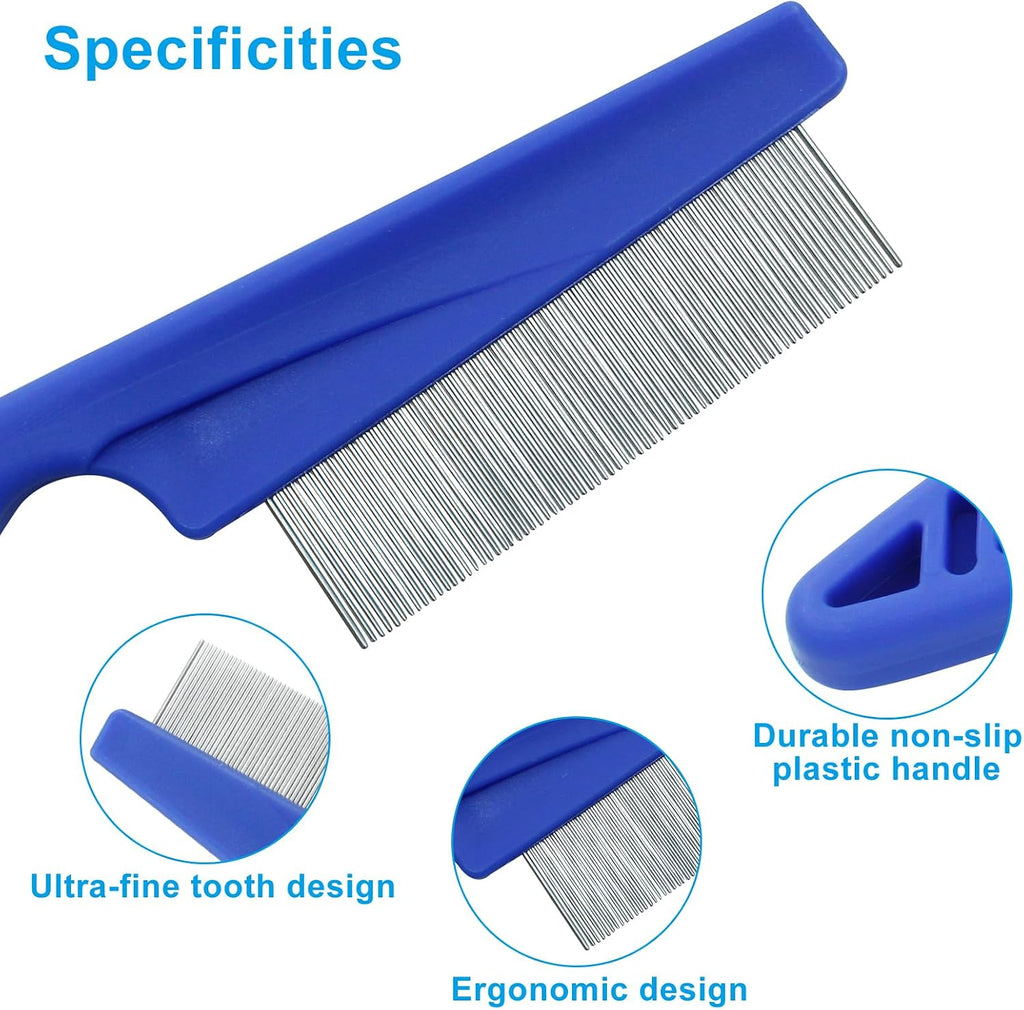 Blue pet flea comb ergonomic handle details for comfortable home grooming.