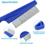 Blue pet flea comb ergonomic handle details for comfortable home grooming.