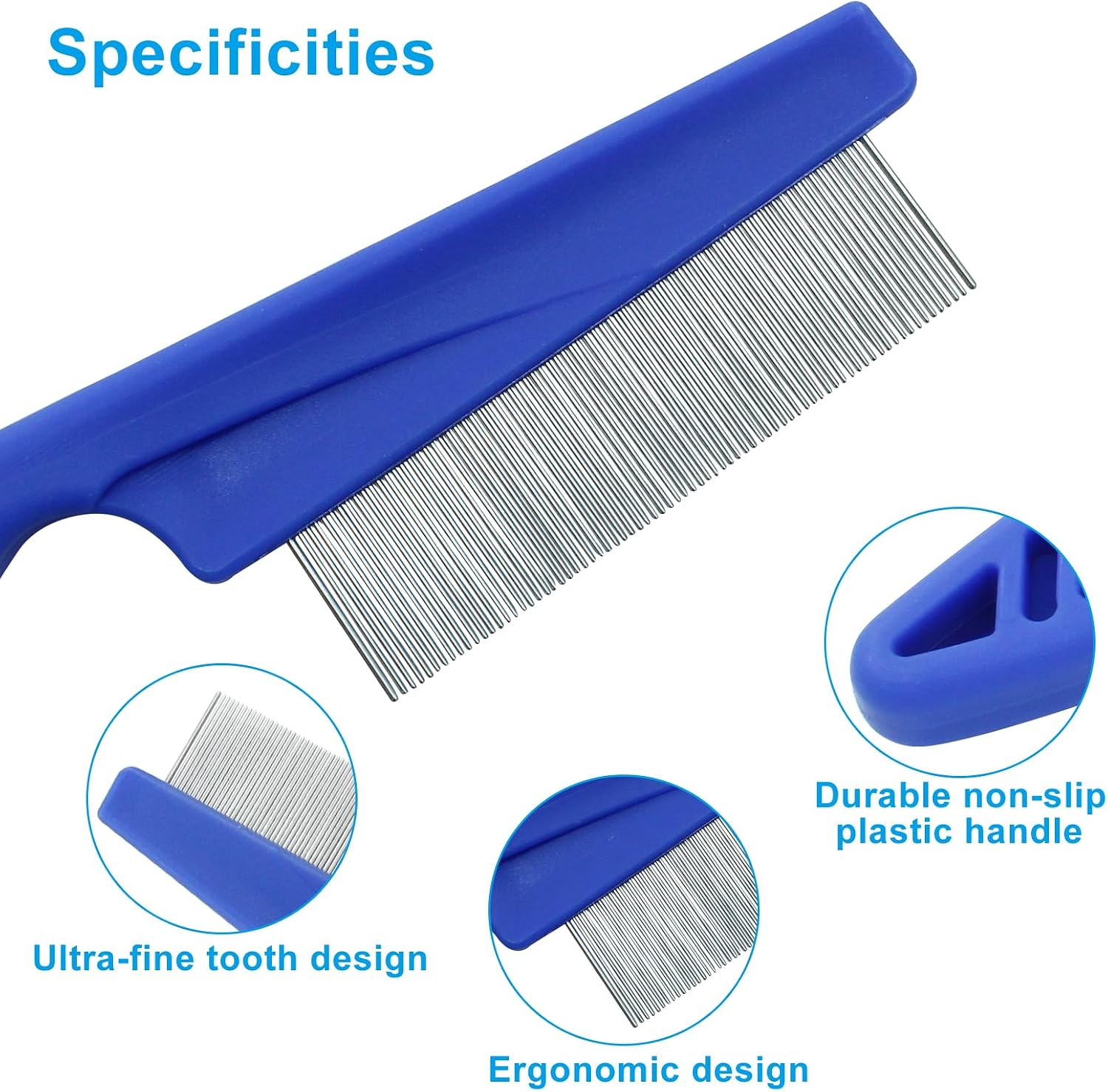 Blue pet flea comb ergonomic handle details for comfortable home grooming.