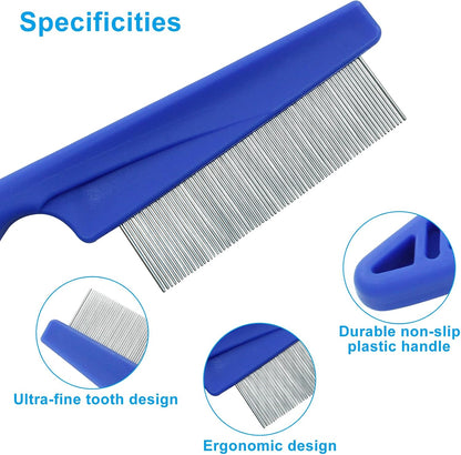 Blue pet flea comb ergonomic handle details for comfortable home grooming.