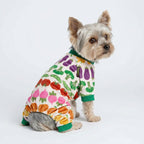 Fitwarm vegetable print dog apparel highlighting the premium rib-knit cuffs.