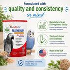 Pet bird enjoying food mixed with UnRuffledRx FeatherUp! supplement