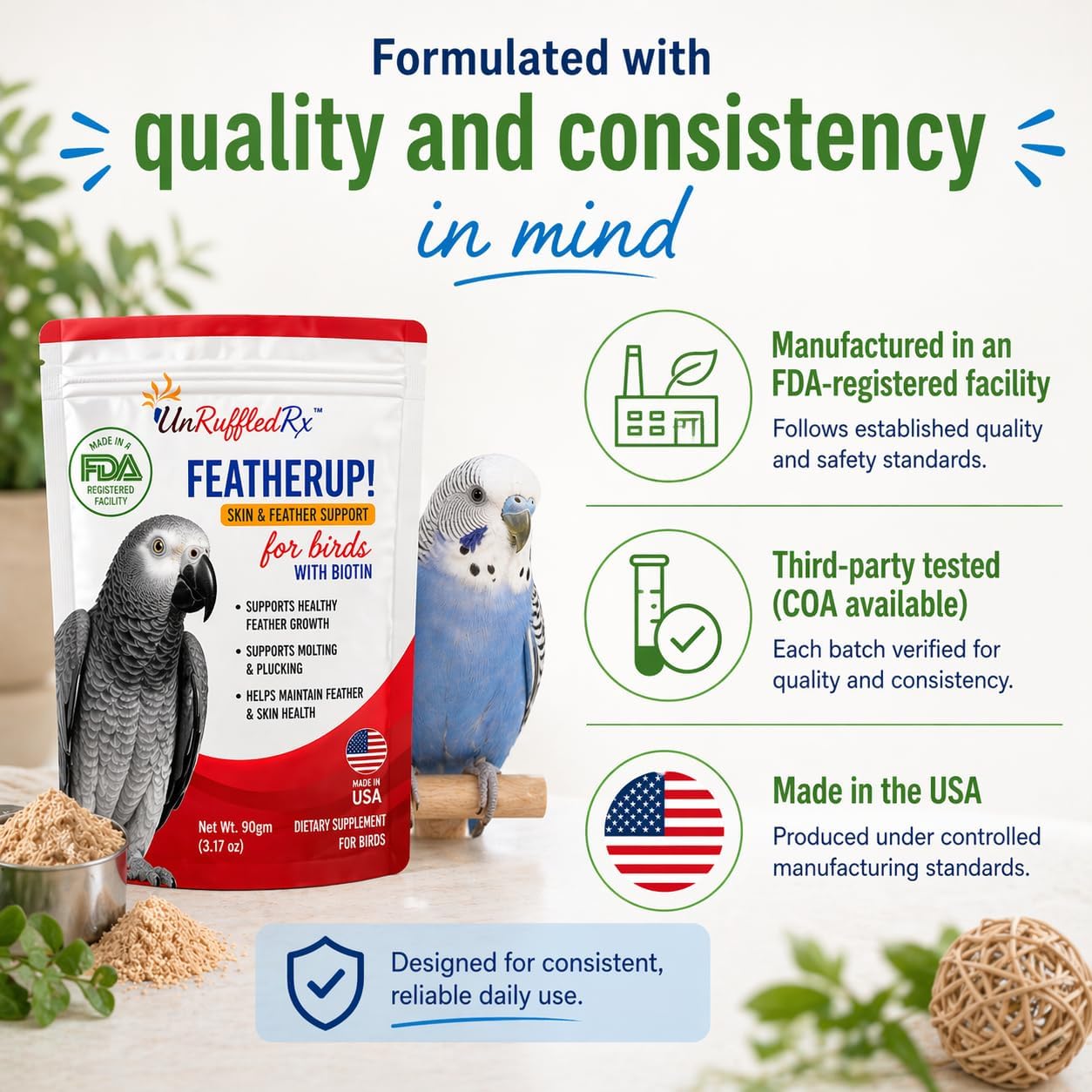 Premium bird vitamins with biotin and amino acids for beautiful plumage