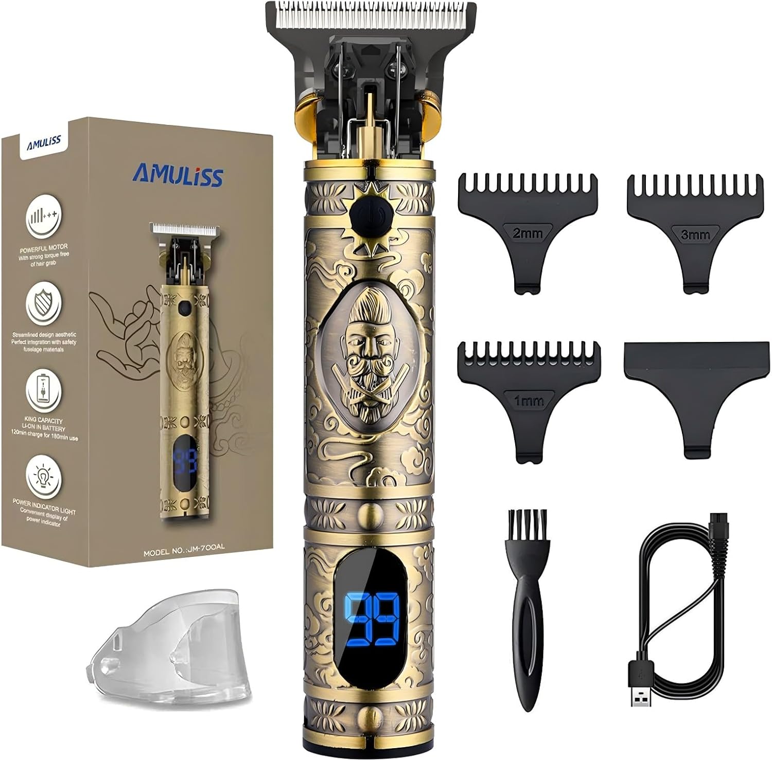 AMULISS Professional Mens Hair Clippers zero gapped cordless trimmer front view highlighting vintage engraved bronze body