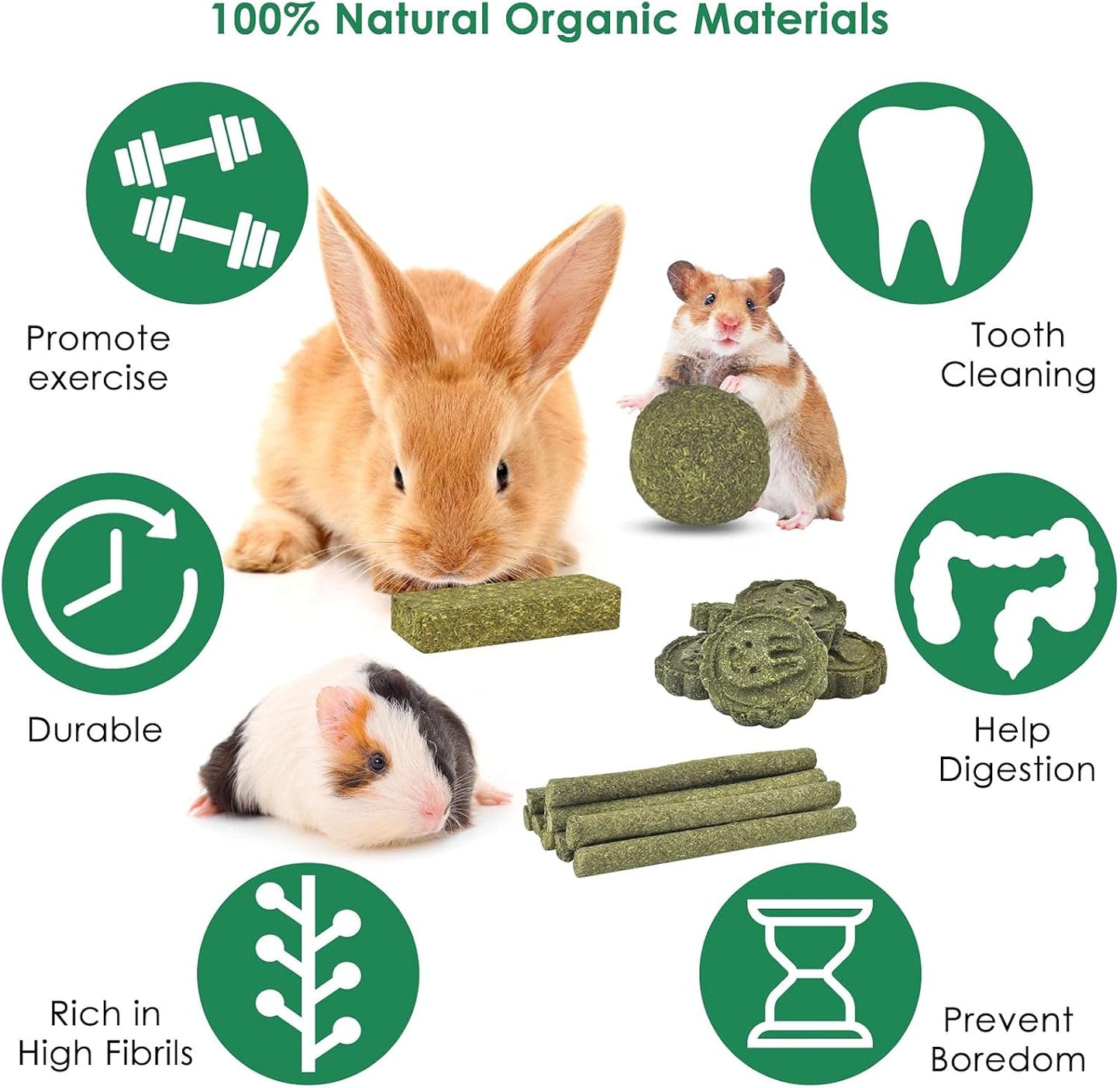 ERKOON 25 pieces rabbit grinding sticks and compressed grass biscuits spread out on a table