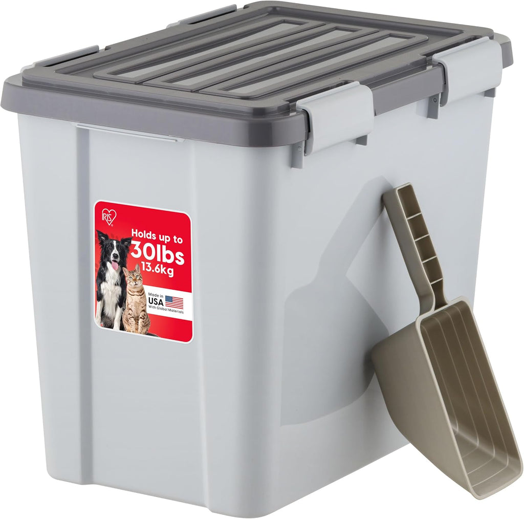 IRIS USA Stackable Dog Food Storage Container with 2 Cup Scoop, 4 Secure Latches, Fits up to 30 lbs, Pet Dry Food Bin, Gasket Seal Lid, BPA Free, Stackable, Easy Measure, Gray/Dark Gray - Image 1