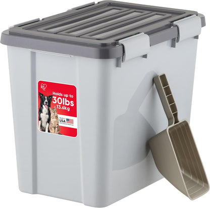 IRIS USA Stackable Dog Food Storage Container with 2 Cup Scoop, 4 Secure Latches, Fits up to 30 lbs, Pet Dry Food Bin, Gasket Seal Lid, BPA Free, Stackable, Easy Measure, Gray/Dark Gray - Image 1